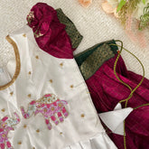 Wine & White Colour Embroidered Girls Lehenga Set -VS3490
